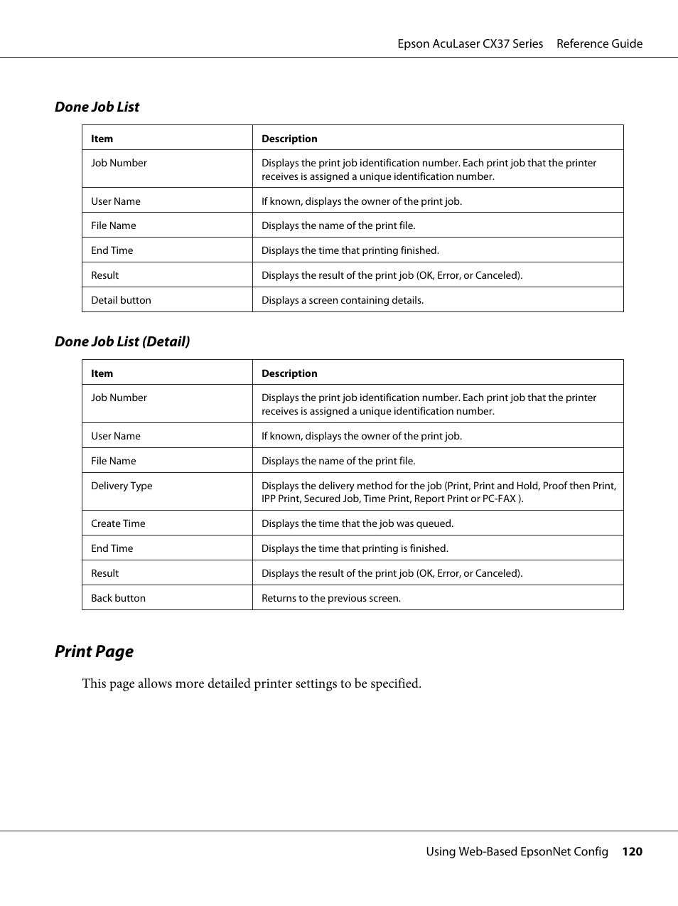 Print page, Done job list, Done job list (detail) | Epson AcuLaser CX37DNF User Manual | Page 120 / 197