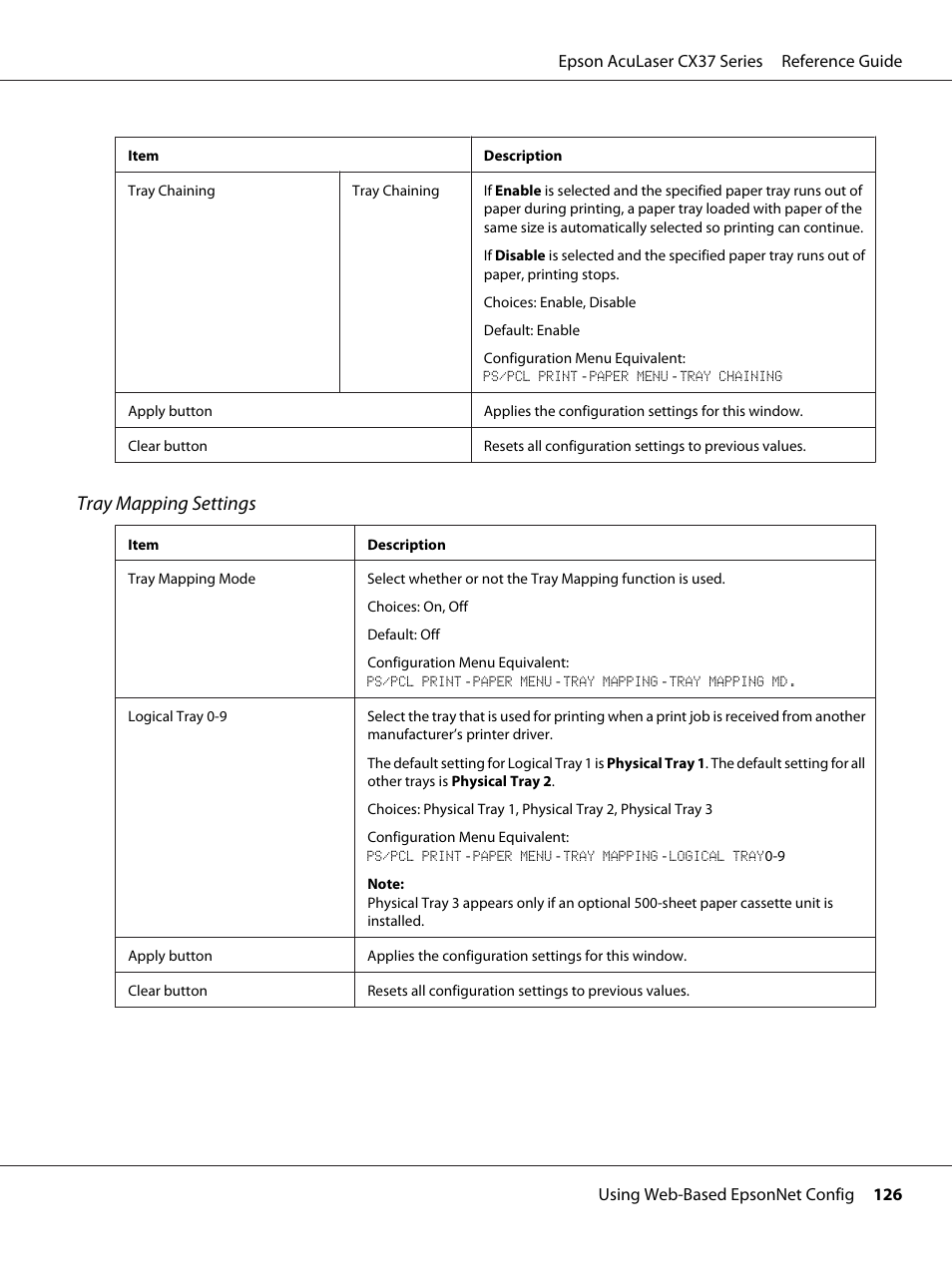 Tray mapping settings | Epson AcuLaser CX37DNF User Manual | Page 126 / 197