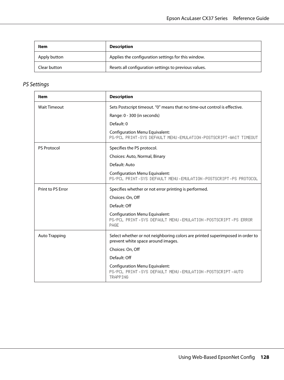 Ps settings | Epson AcuLaser CX37DNF User Manual | Page 128 / 197
