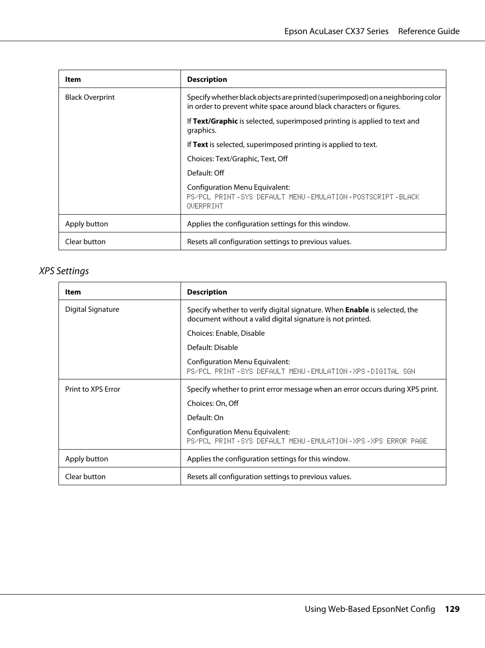 Xps settings | Epson AcuLaser CX37DNF User Manual | Page 129 / 197