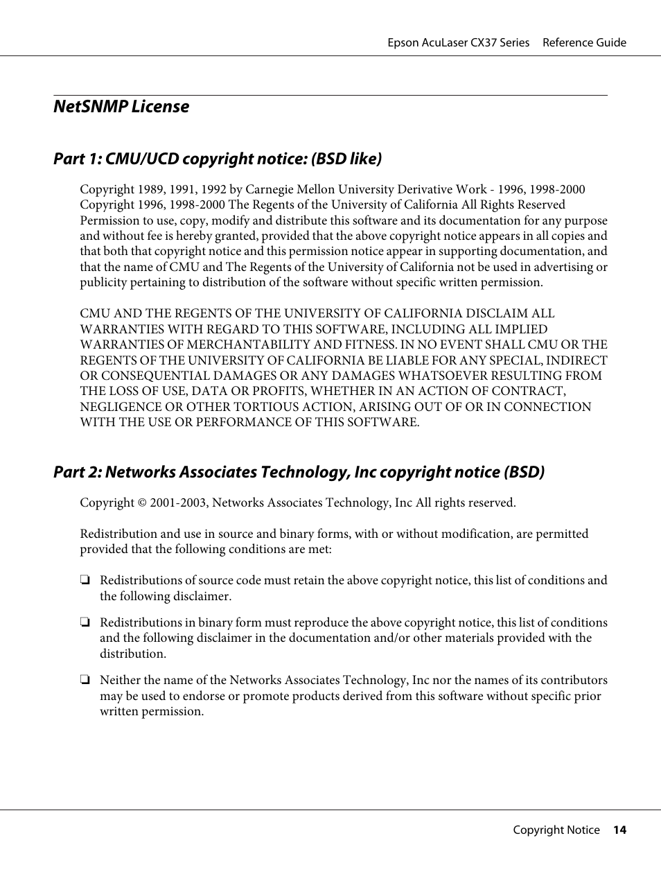 Netsnmp license, Part 1: cmu/ucd copyright notice: (bsd like) | Epson AcuLaser CX37DNF User Manual | Page 14 / 197