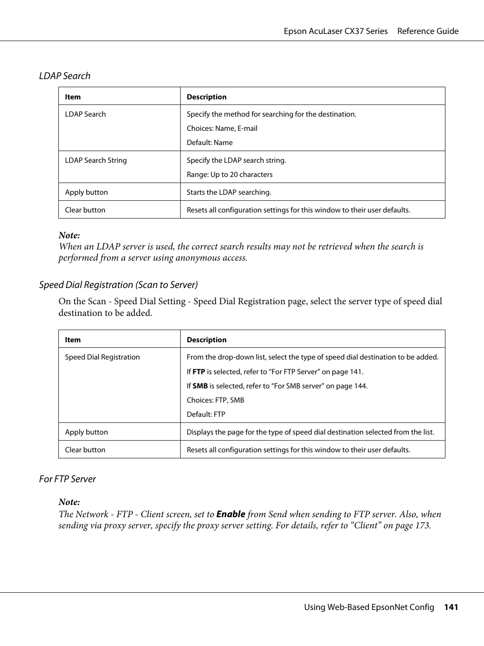 Ldap search, Speed dial registration (scan to server), For ftp server | Epson AcuLaser CX37DNF User Manual | Page 141 / 197