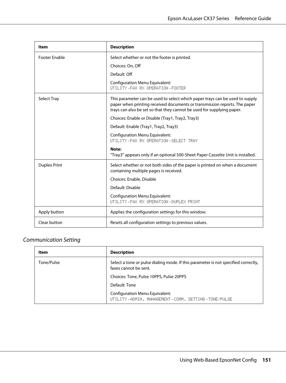 Communication setting | Epson AcuLaser CX37DNF User Manual | Page 151 / 197