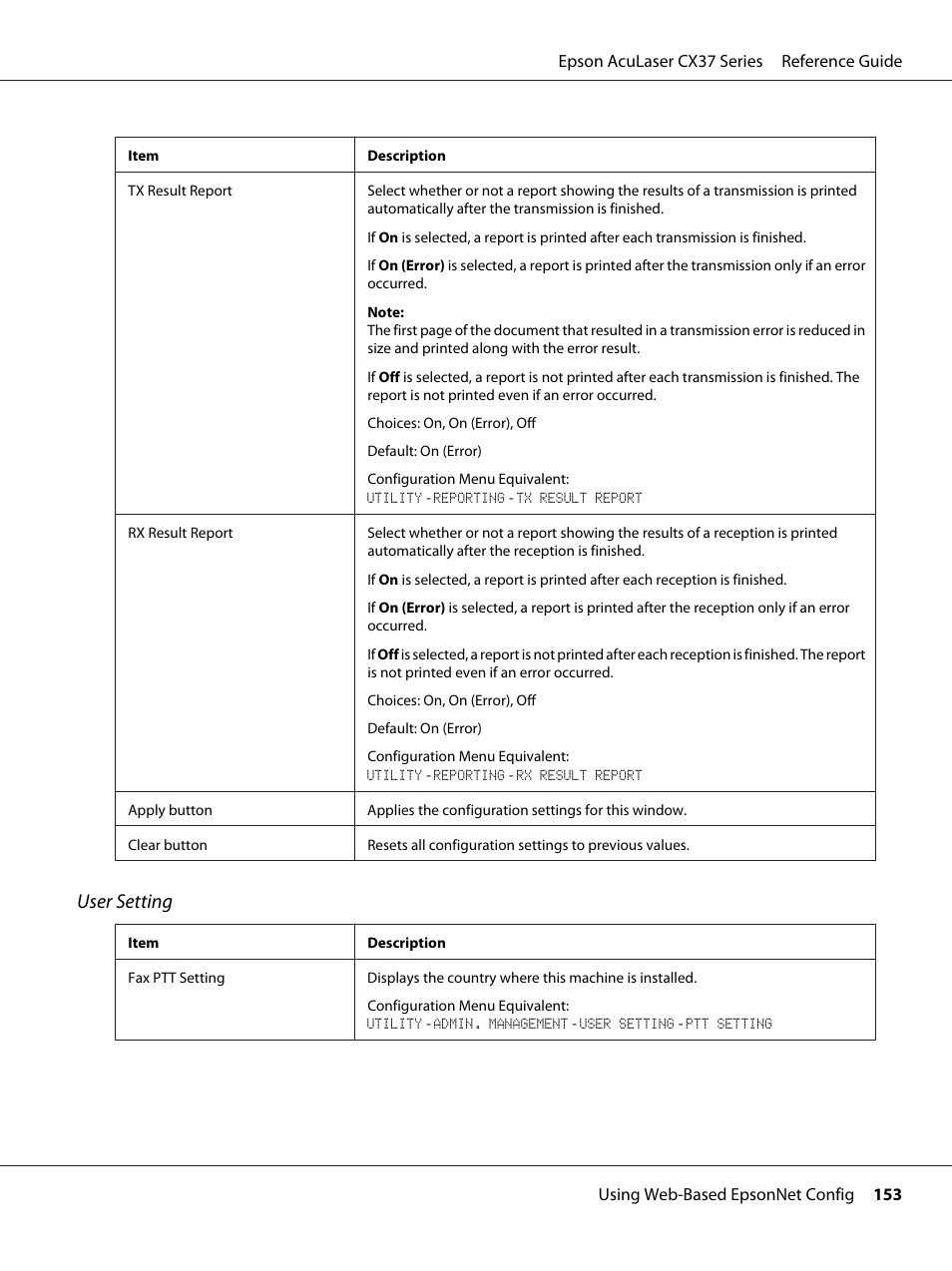User setting | Epson AcuLaser CX37DNF User Manual | Page 153 / 197