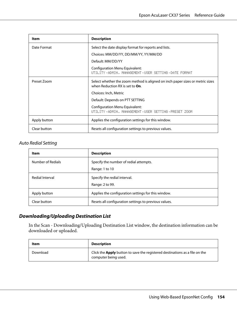 Auto redial setting, Downloading/uploading destination list | Epson AcuLaser CX37DNF User Manual | Page 154 / 197