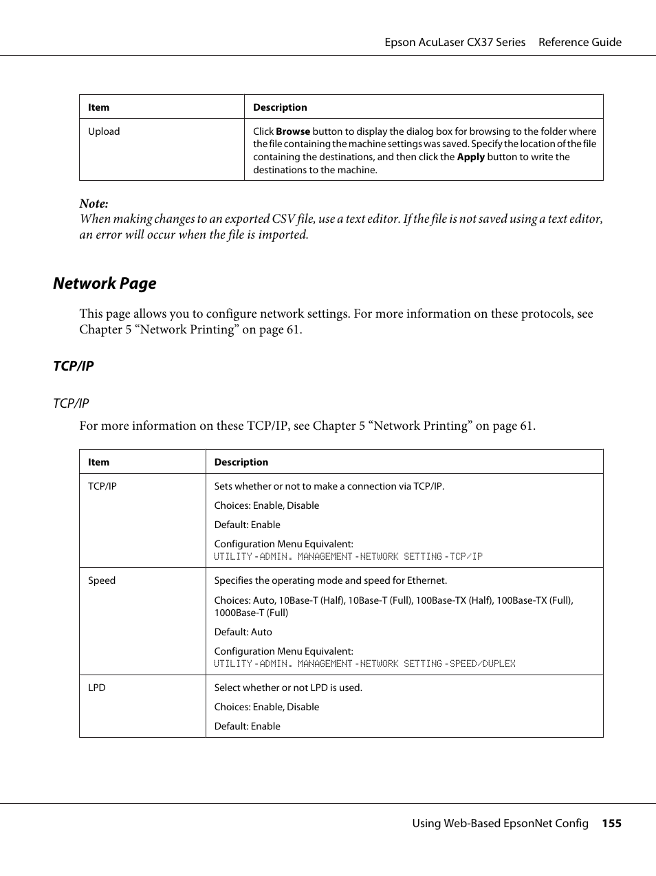 Network page, Tcp/ip | Epson AcuLaser CX37DNF User Manual | Page 155 / 197