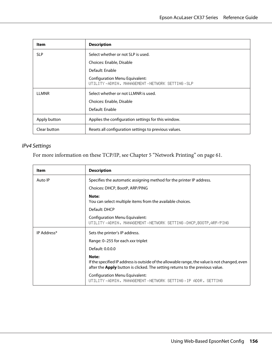 Ipv4 settings | Epson AcuLaser CX37DNF User Manual | Page 156 / 197