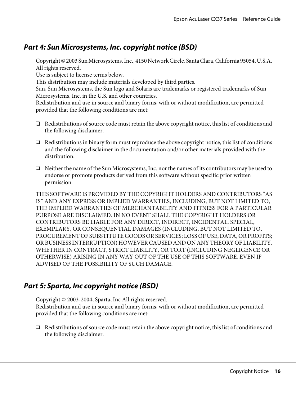 Part 5: sparta, inc copyright notice (bsd) | Epson AcuLaser CX37DNF User Manual | Page 16 / 197