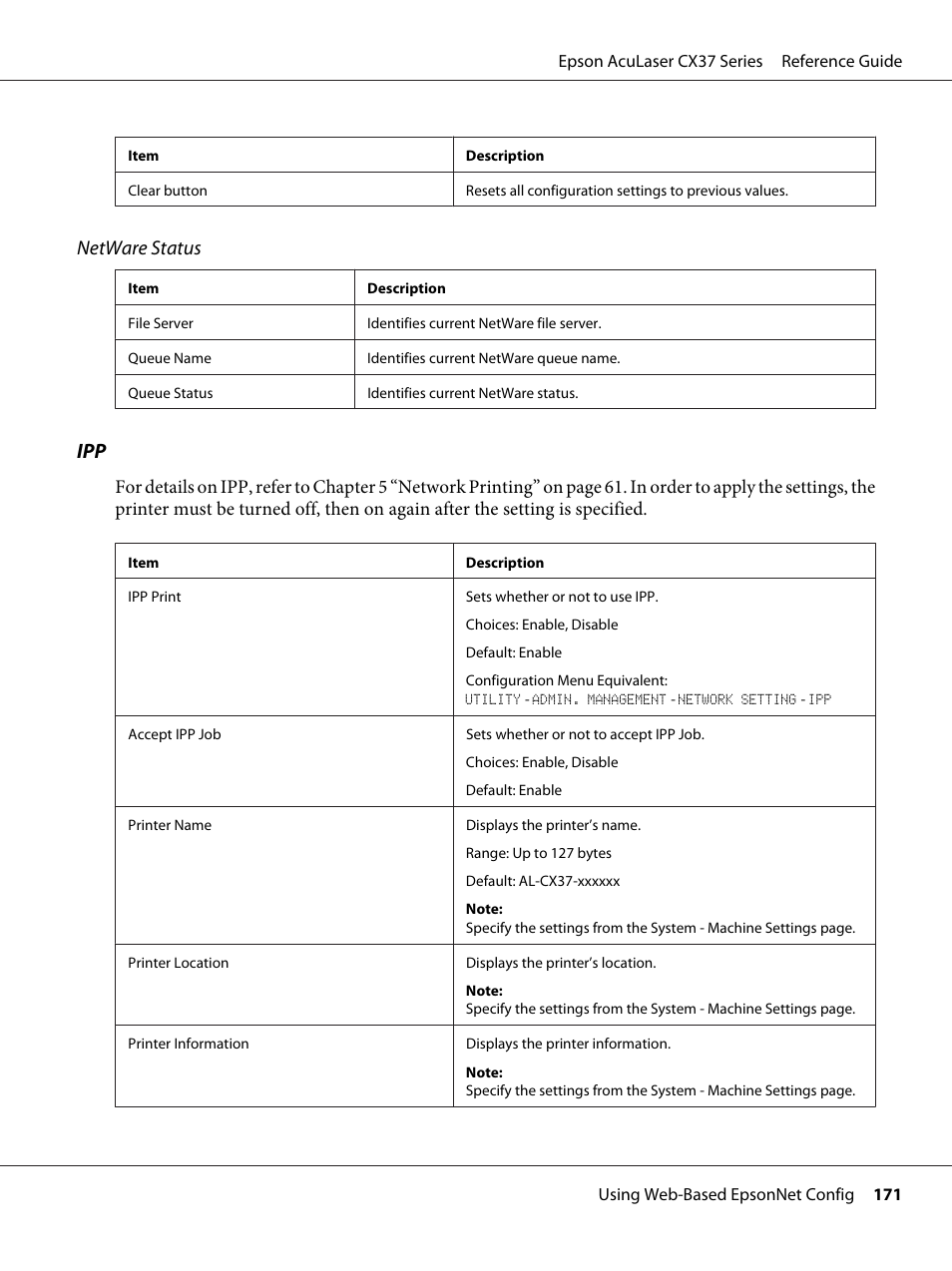 Netware status | Epson AcuLaser CX37DNF User Manual | Page 171 / 197
