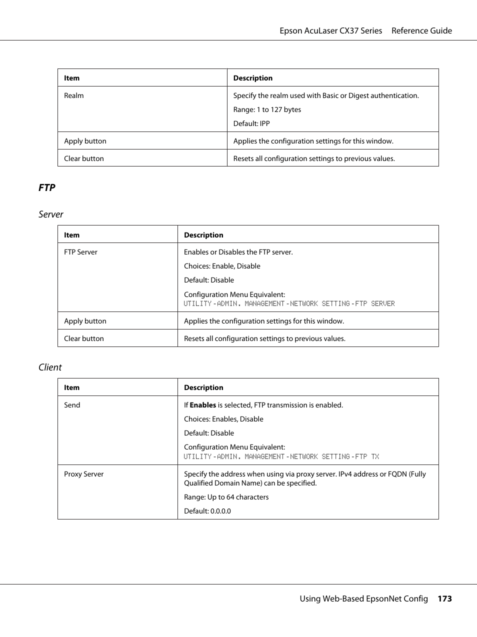 Ftp server, Client | Epson AcuLaser CX37DNF User Manual | Page 173 / 197