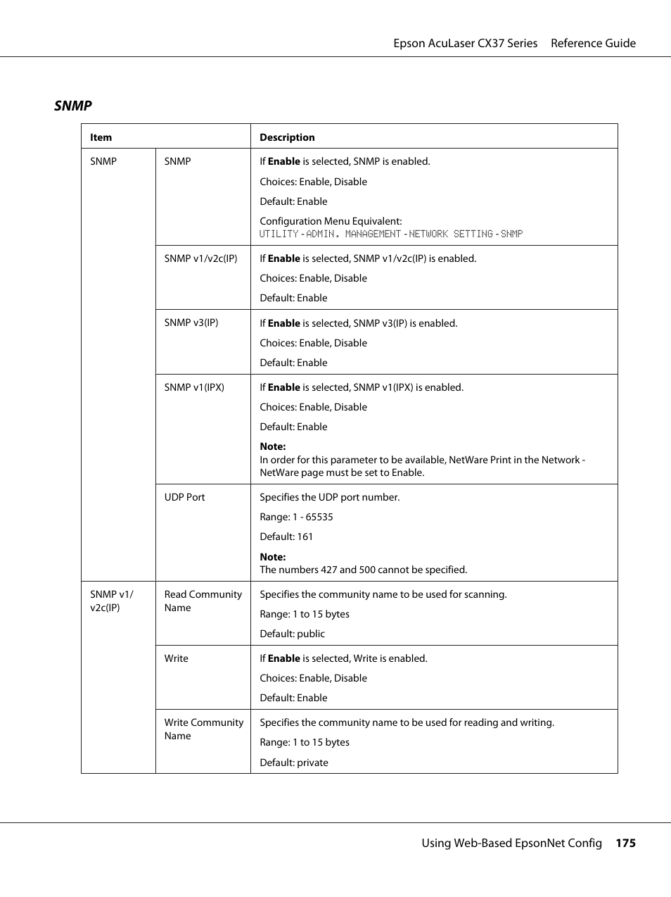 Snmp | Epson AcuLaser CX37DNF User Manual | Page 175 / 197