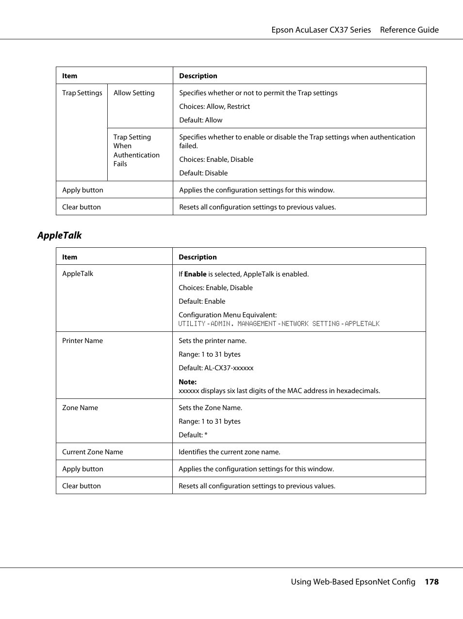 Appletalk | Epson AcuLaser CX37DNF User Manual | Page 178 / 197