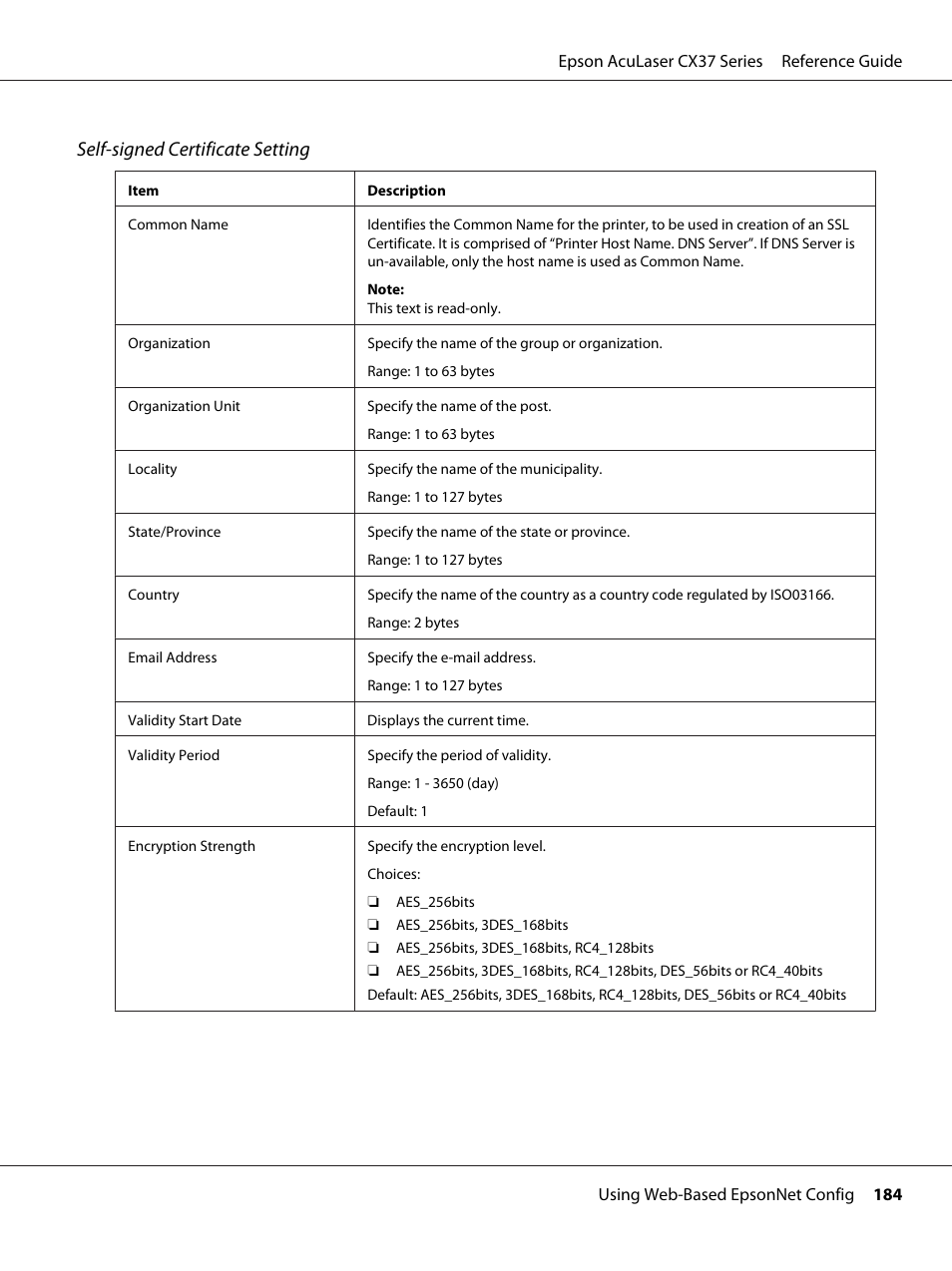 Self-signed certificate setting | Epson AcuLaser CX37DNF User Manual | Page 184 / 197