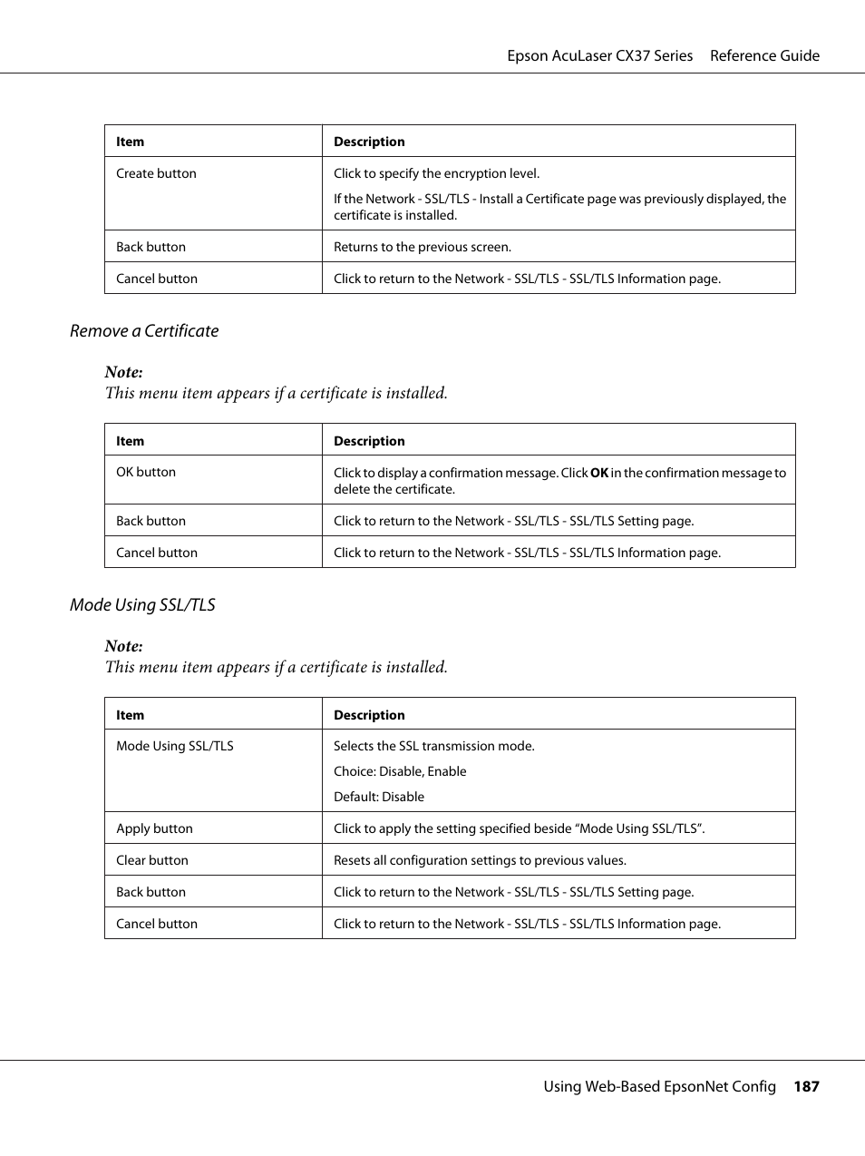 Remove a certificate, Mode using ssl/tls | Epson AcuLaser CX37DNF User Manual | Page 187 / 197