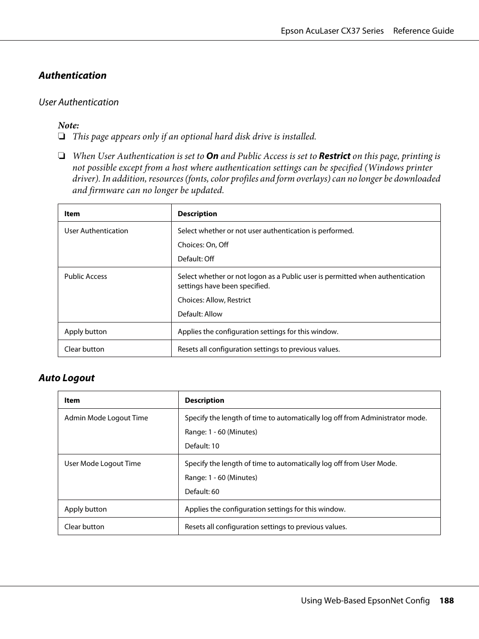 Authentication user authentication, Auto logout | Epson AcuLaser CX37DNF User Manual | Page 188 / 197