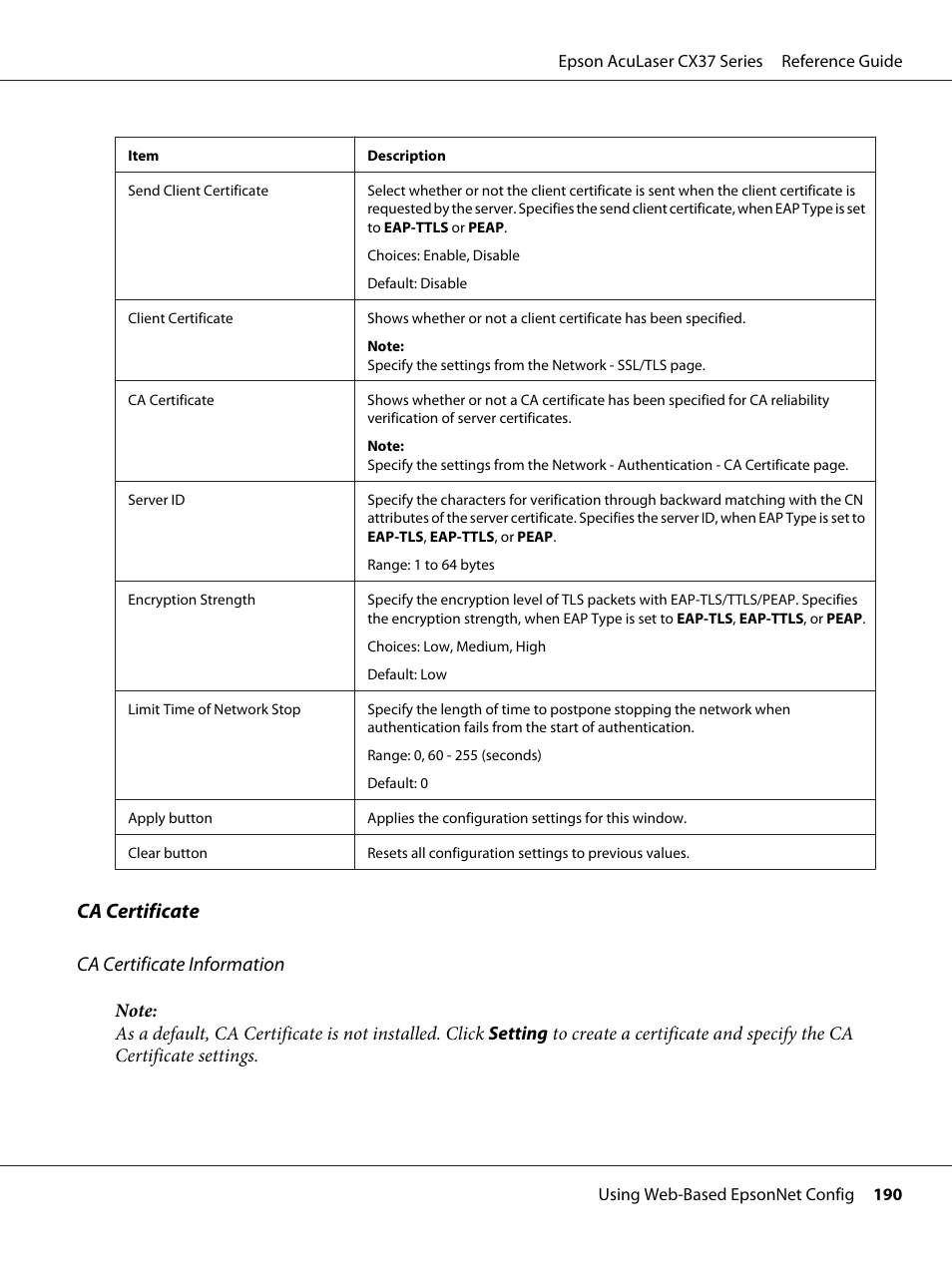 Ca certificate ca certificate information | Epson AcuLaser CX37DNF User Manual | Page 190 / 197
