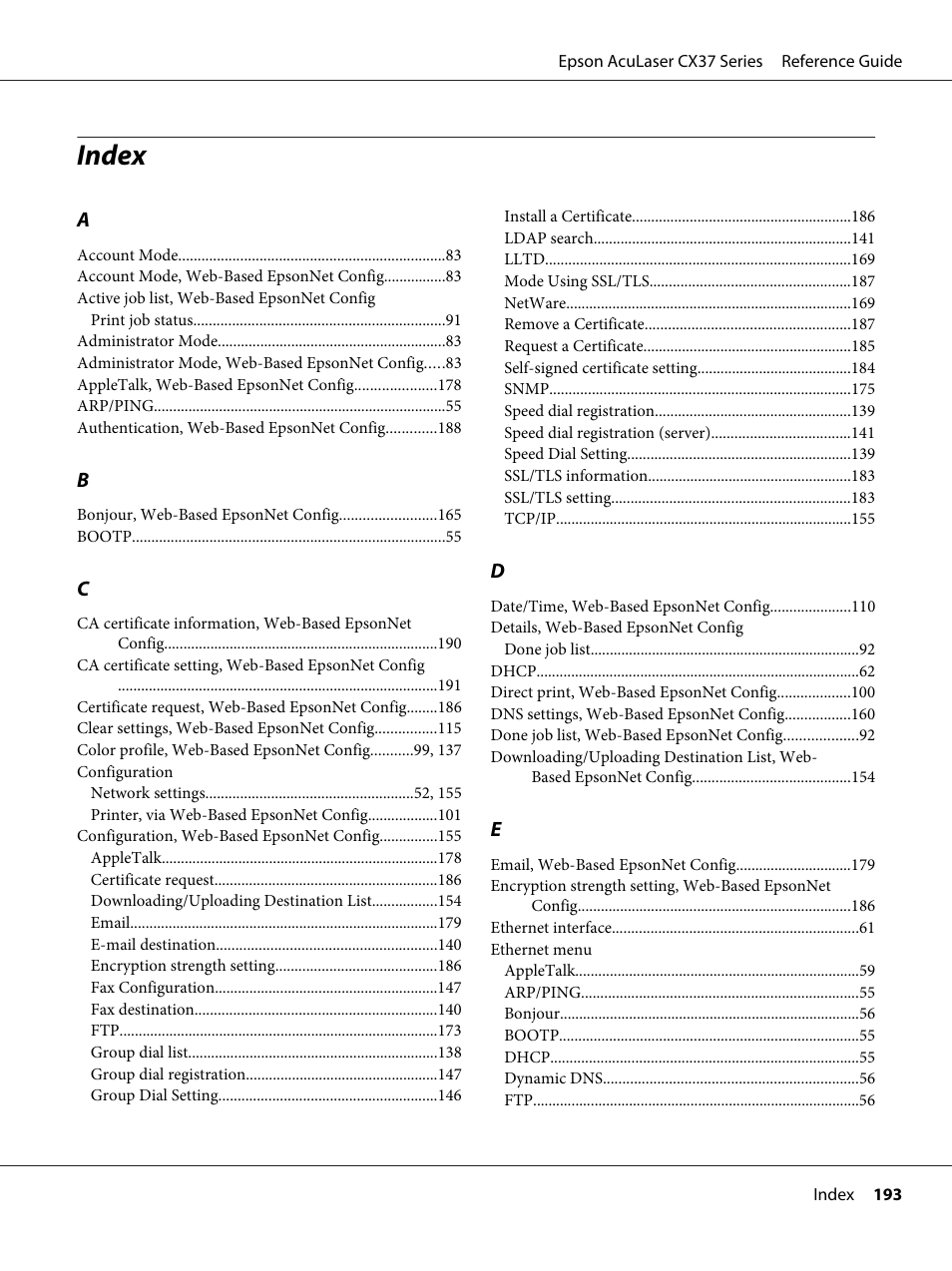 Index | Epson AcuLaser CX37DNF User Manual | Page 193 / 197