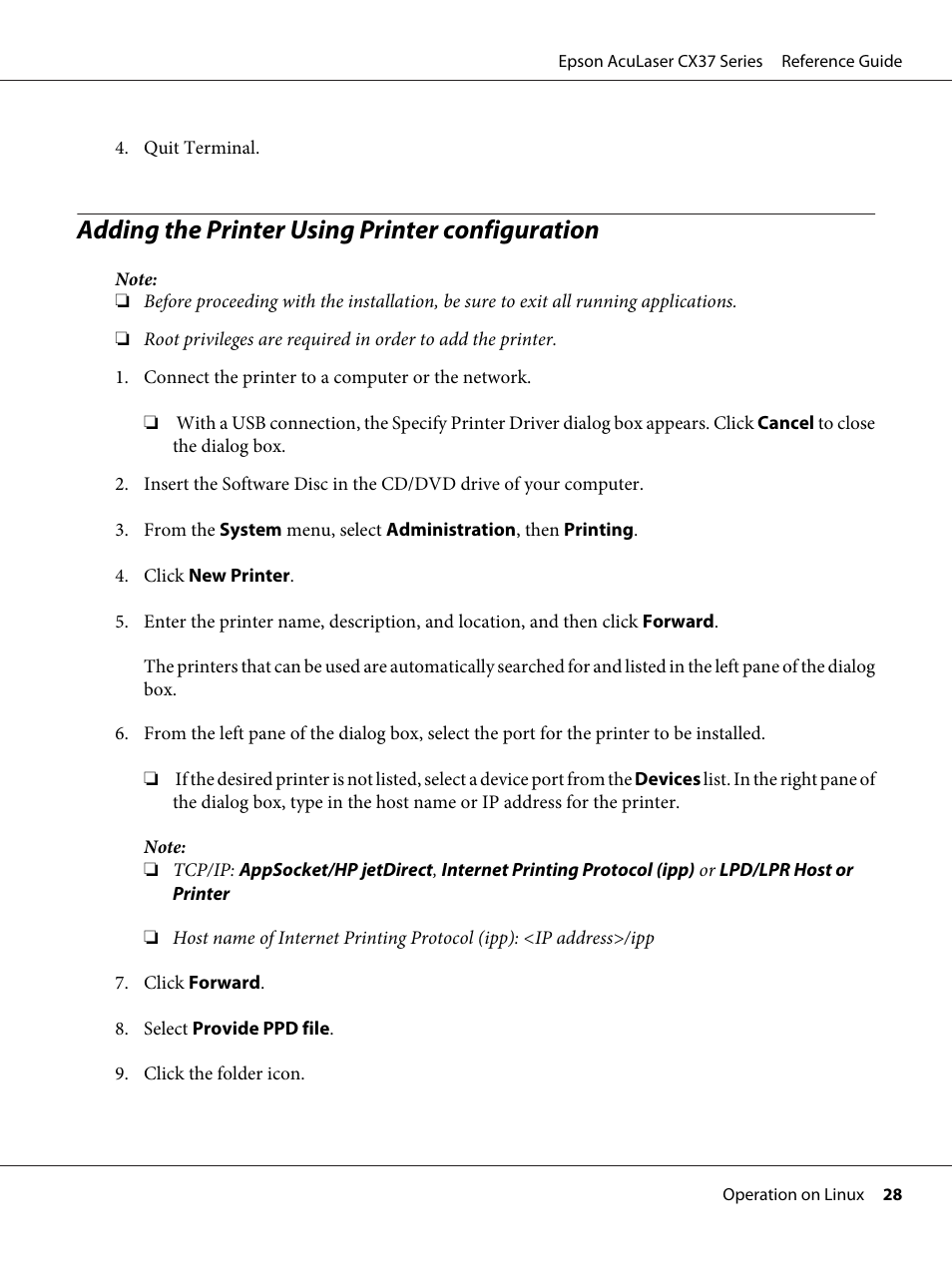 Adding the printer using printer configuration | Epson AcuLaser CX37DNF User Manual | Page 28 / 197