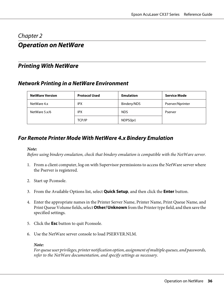 Operation on netware, Printing with netware, Network printing in a netware environment | Chapter 2 operation on netware, Chapter 2 | Epson AcuLaser CX37DNF User Manual | Page 36 / 197
