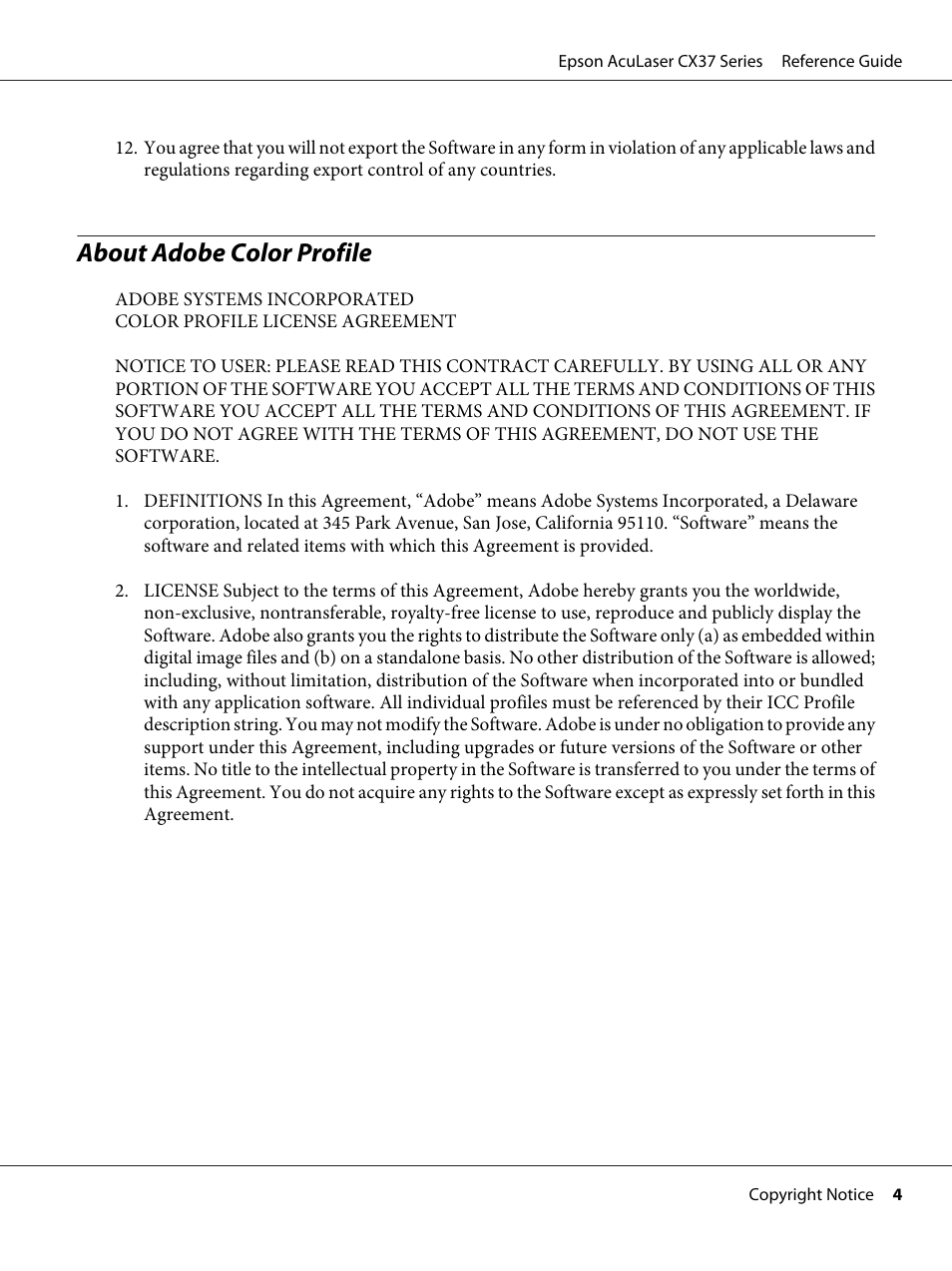 About adobe color profile | Epson AcuLaser CX37DNF User Manual | Page 4 / 197