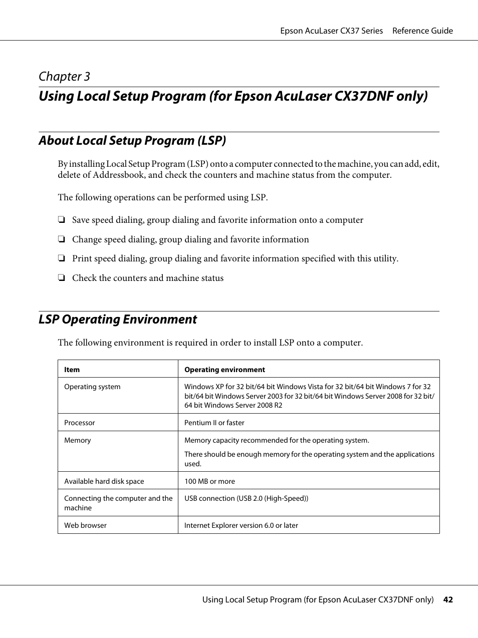 About local setup program (lsp), Lsp operating environment, Chapter 3 | Epson AcuLaser CX37DNF User Manual | Page 42 / 197