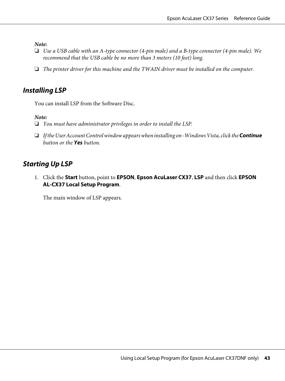 Installing lsp, Starting up lsp, Installing lsp starting up lsp | Epson AcuLaser CX37DNF User Manual | Page 43 / 197