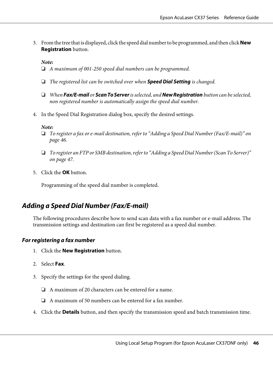 Adding a speed dial number (fax/e-mail) | Epson AcuLaser CX37DNF User Manual | Page 46 / 197