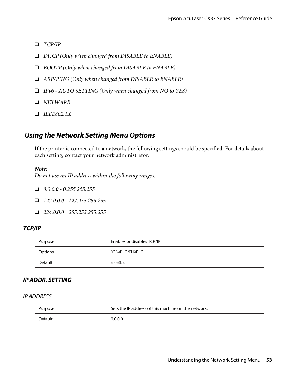 Using the network setting menu options | Epson AcuLaser CX37DNF User Manual | Page 53 / 197
