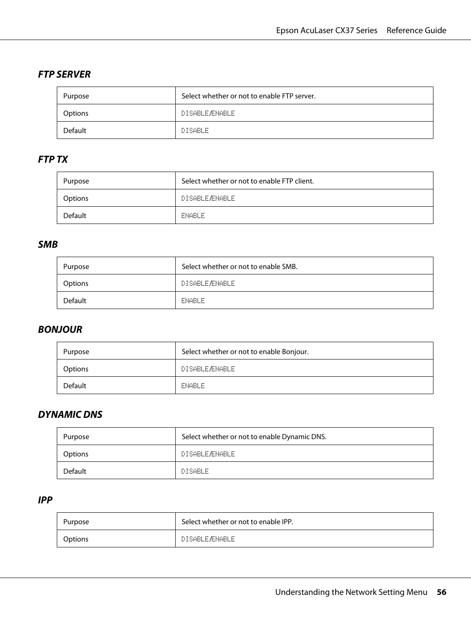 Ftp server, Ftp tx, Bonjour | Dynamic dns | Epson AcuLaser CX37DNF User Manual | Page 56 / 197