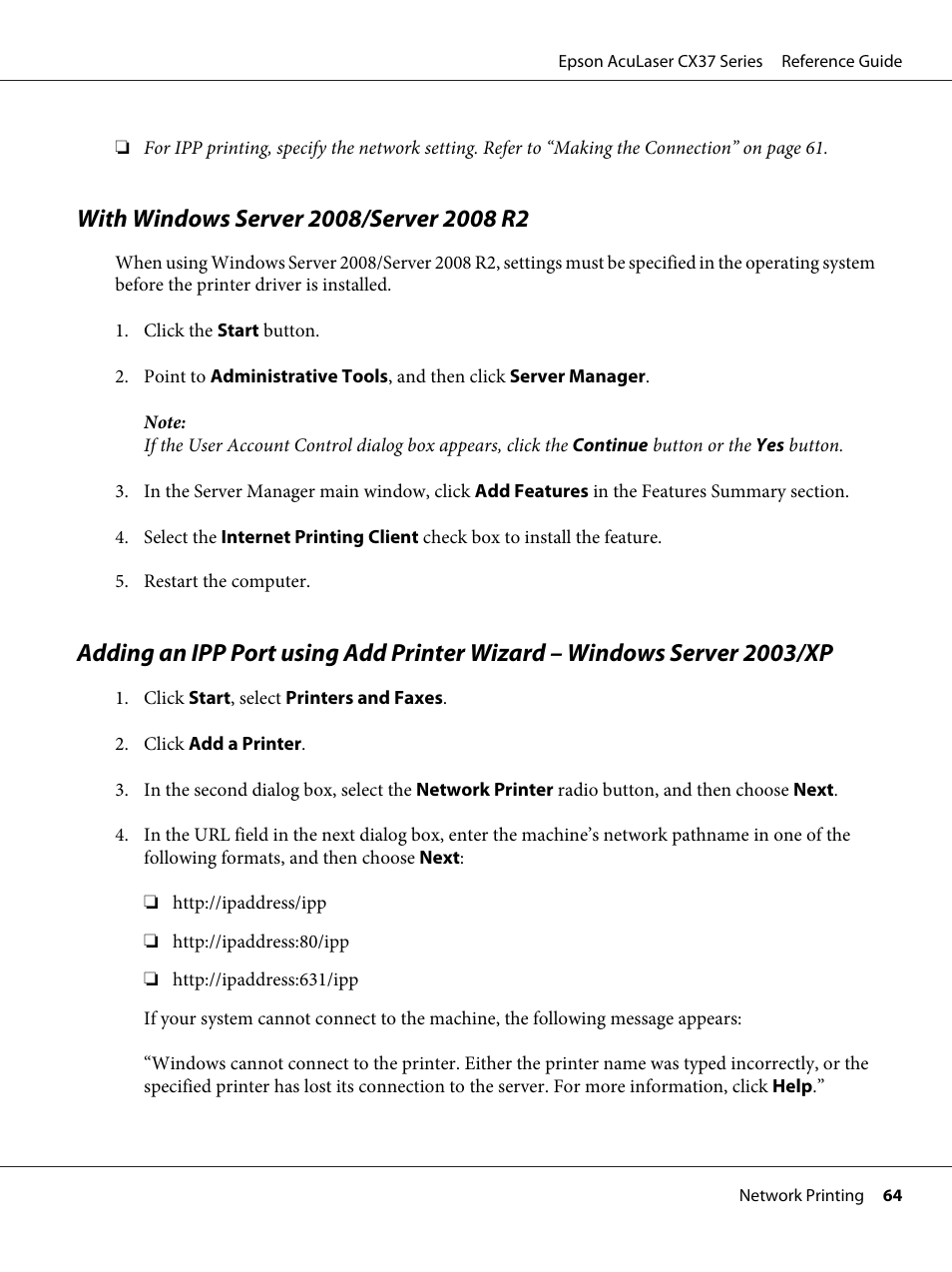 With windows server 2008/server 2008 r2 | Epson AcuLaser CX37DNF User Manual | Page 64 / 197