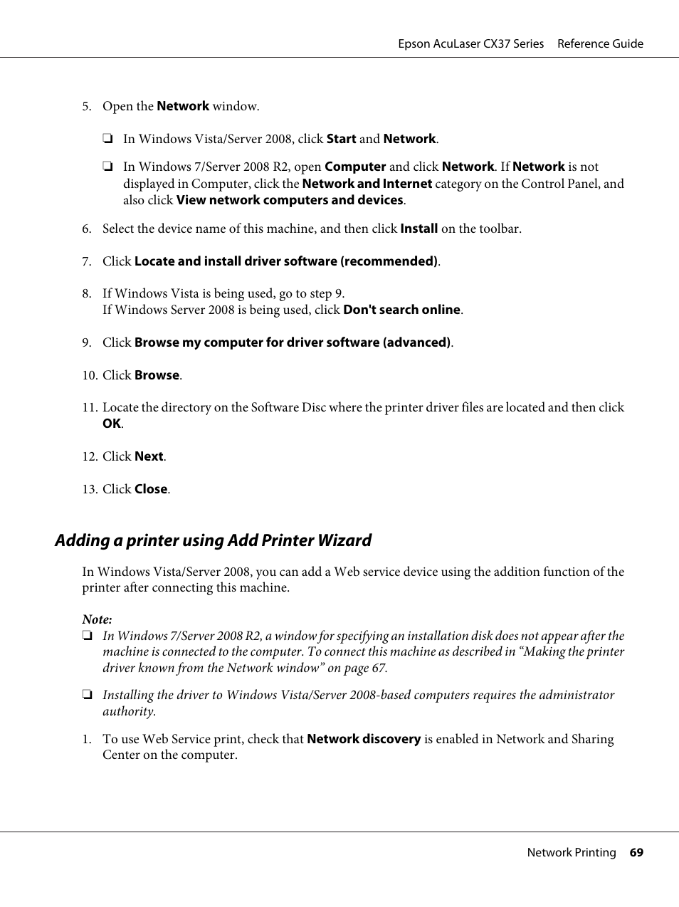 Adding a printer using add printer wizard | Epson AcuLaser CX37DNF User Manual | Page 69 / 197