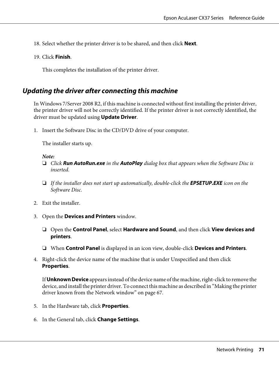 Updating the driver after connecting this machine | Epson AcuLaser CX37DNF User Manual | Page 71 / 197