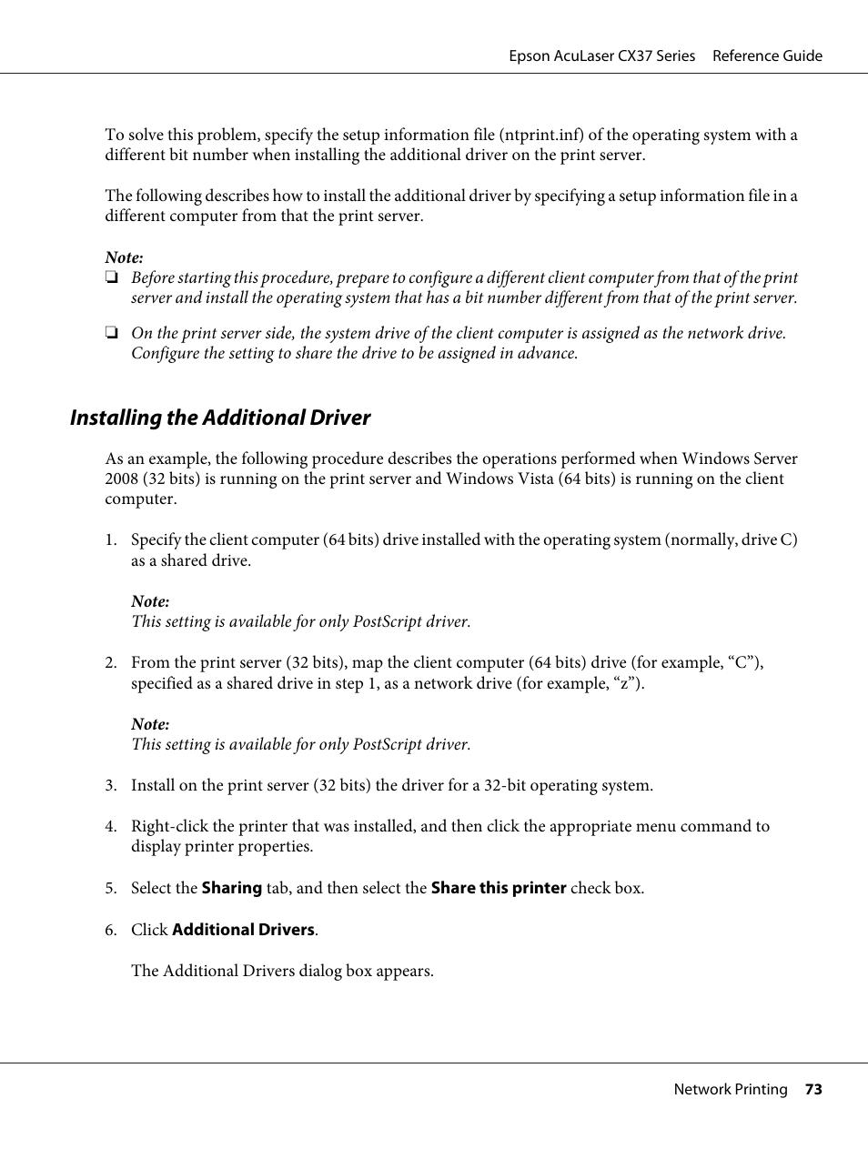 Installing the additional driver | Epson AcuLaser CX37DNF User Manual | Page 73 / 197