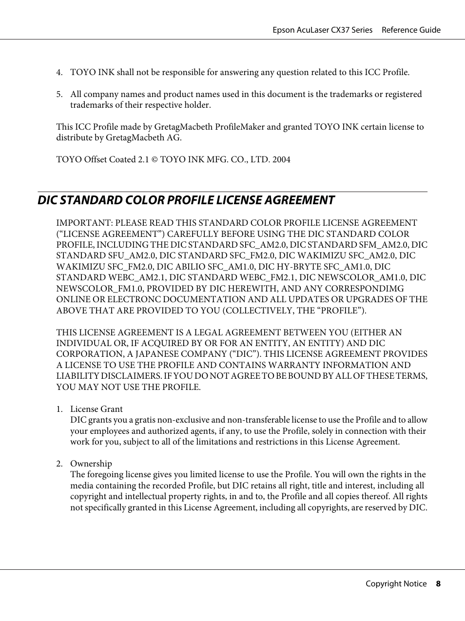 Dic standard color profile license agreement | Epson AcuLaser CX37DNF User Manual | Page 8 / 197