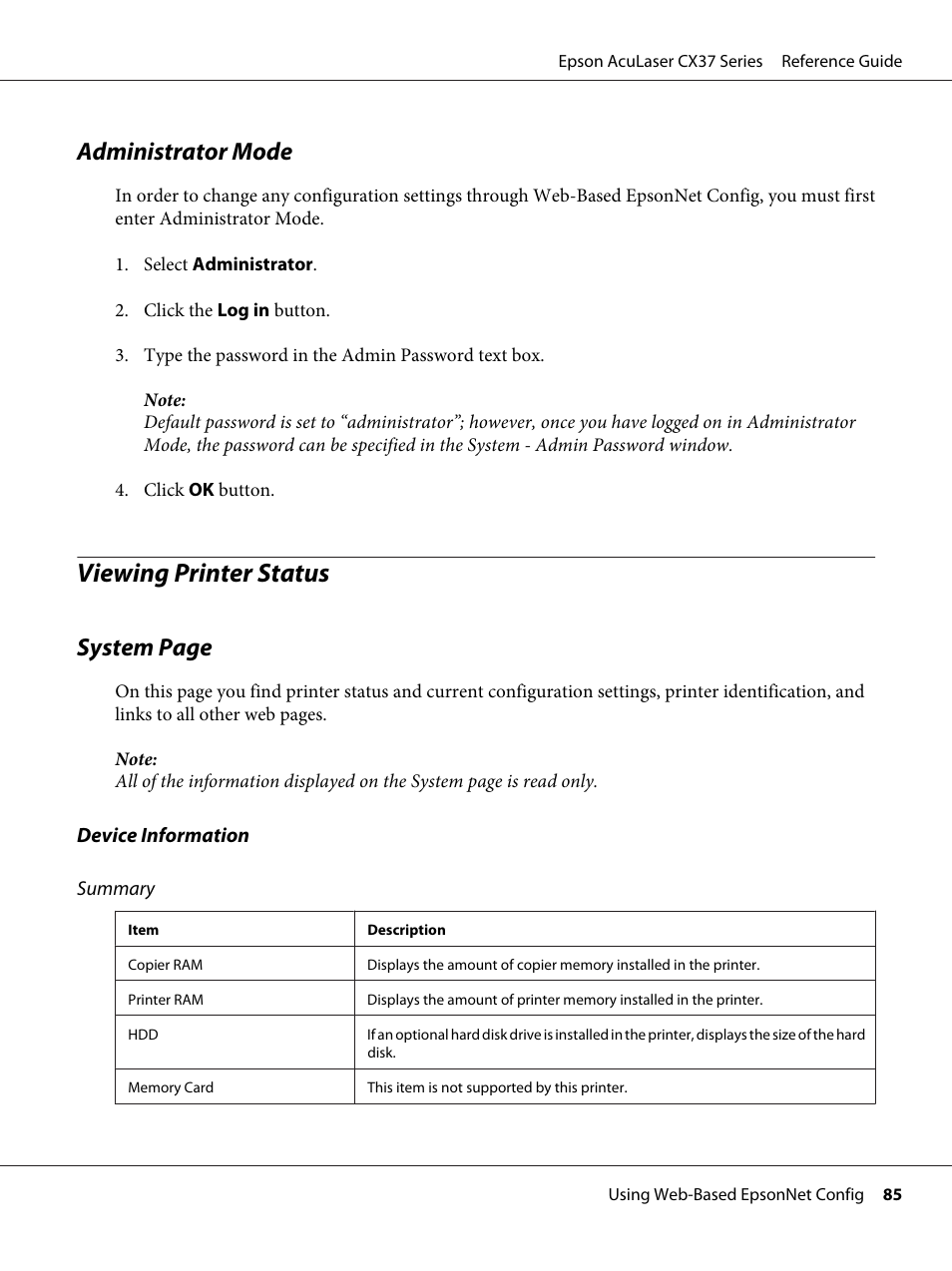 Administrator mode, Viewing printer status, System page | Epson AcuLaser CX37DNF User Manual | Page 85 / 197