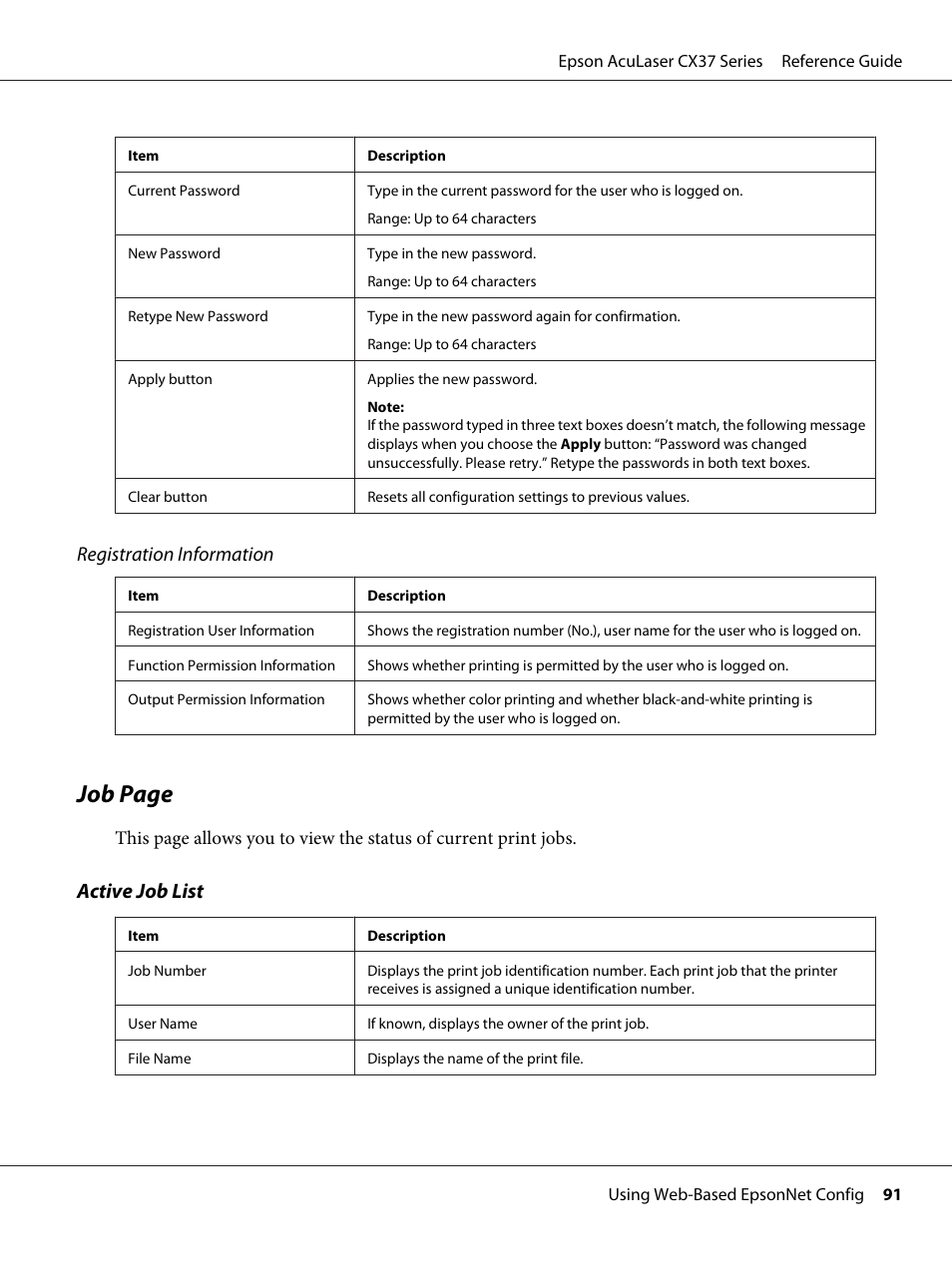 Job page, Registration information, Active job list | Epson AcuLaser CX37DNF User Manual | Page 91 / 197