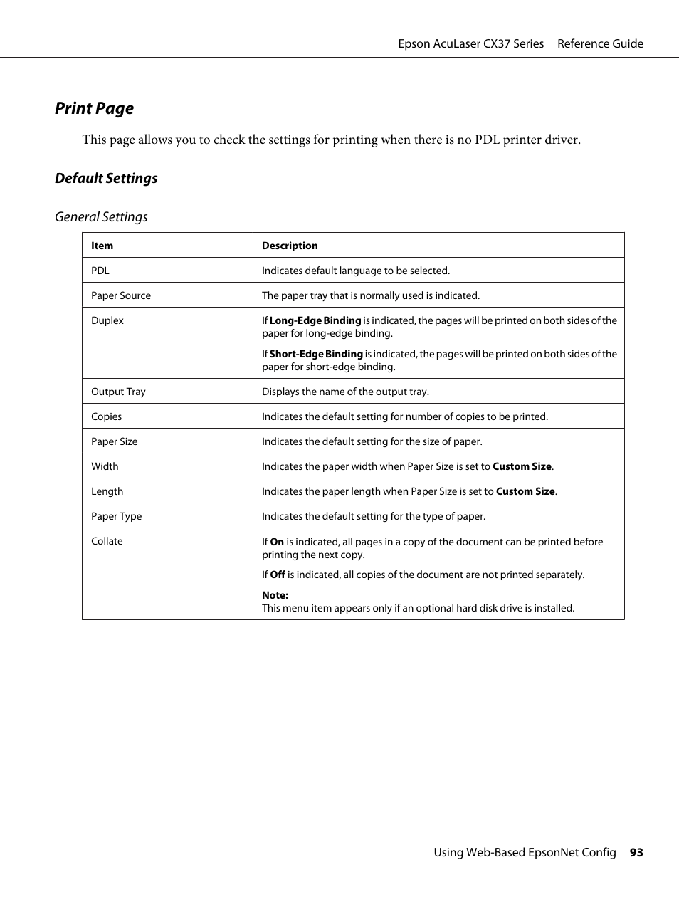 Print page, Default settings general settings | Epson AcuLaser CX37DNF User Manual | Page 93 / 197