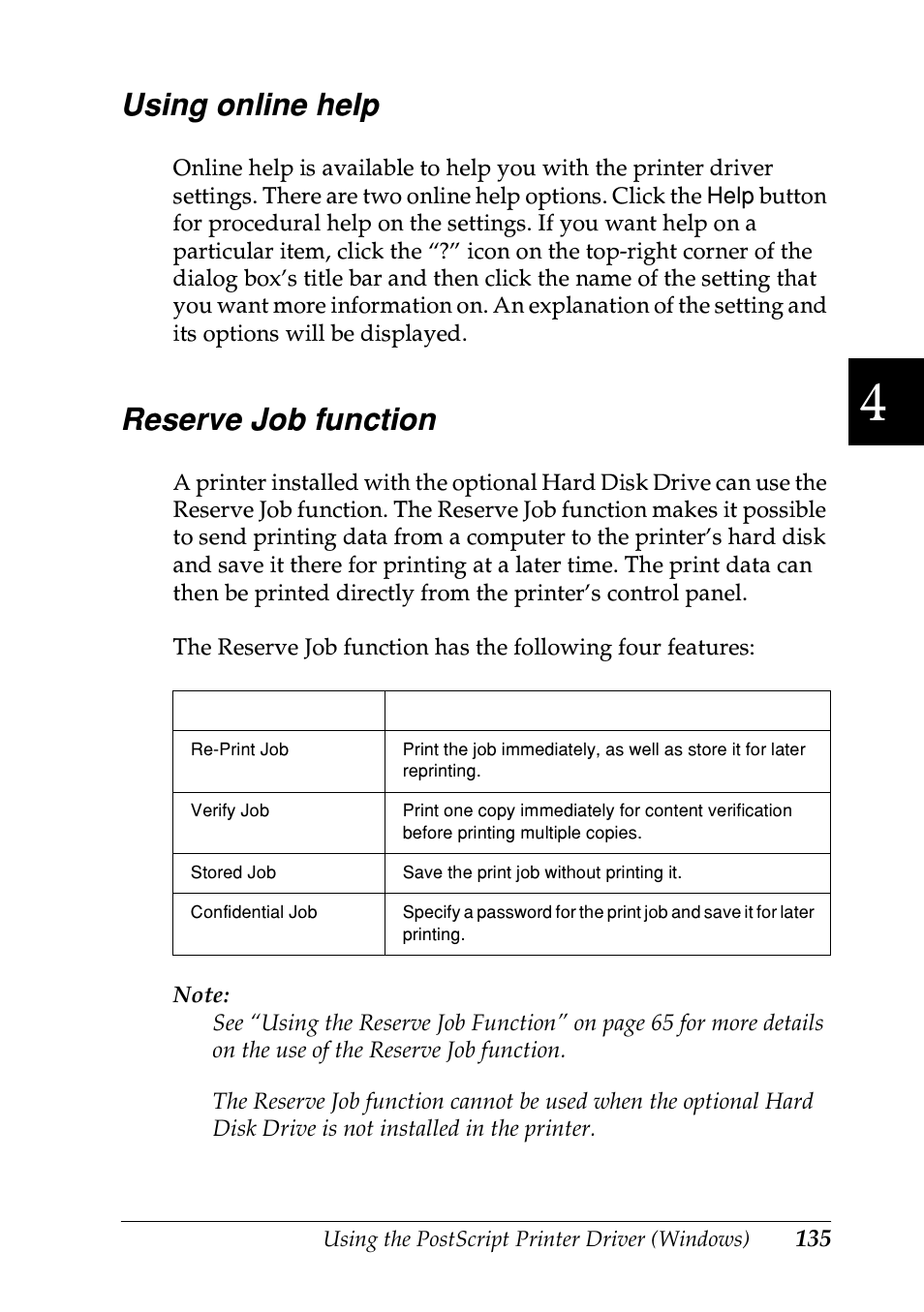 Using online help, Reserve job function, Using online help reserve job function | Epson EPL-N7000 User Manual | Page 146 / 496
