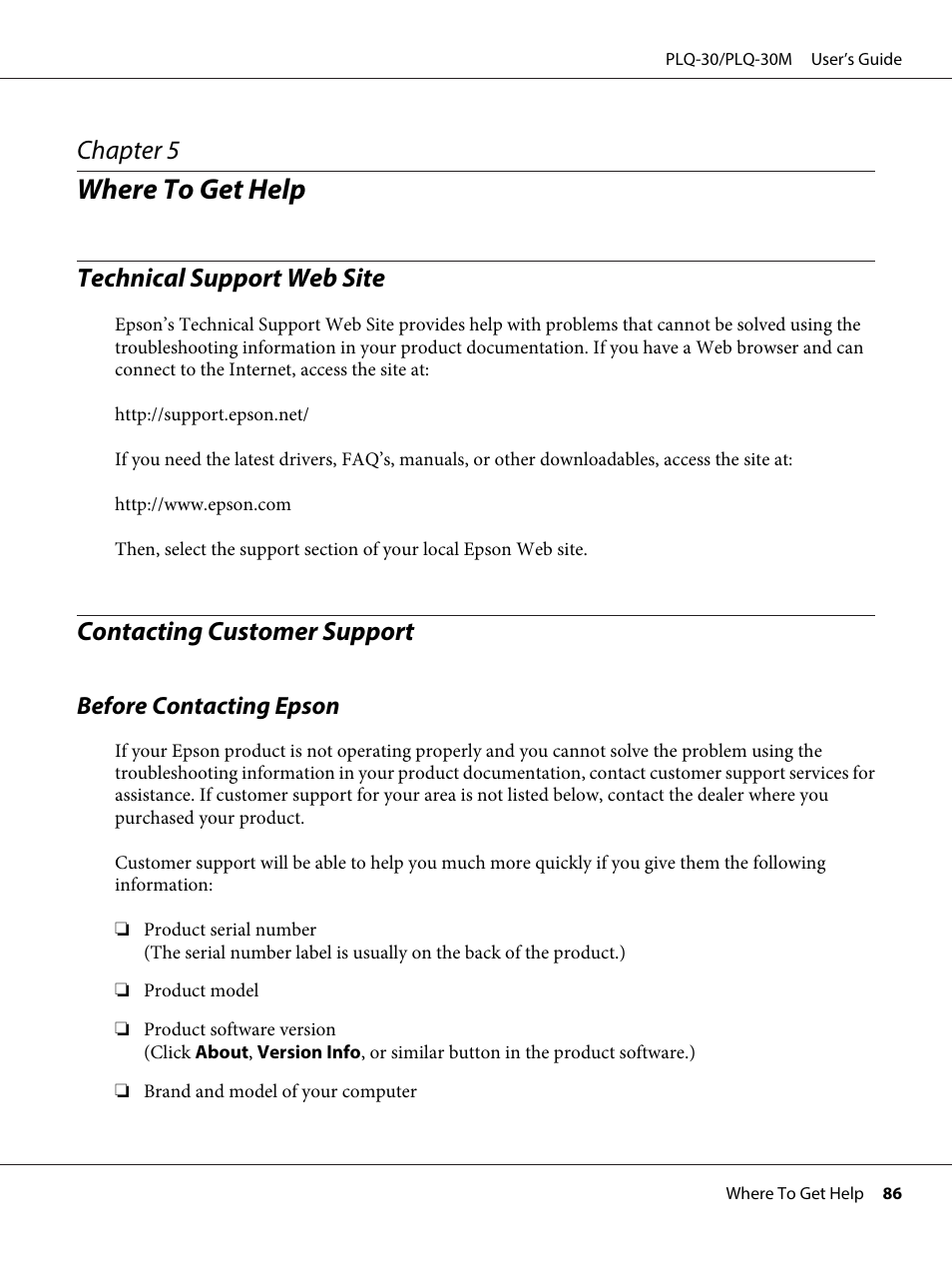 Where to get help, Technical support web site, Contacting customer support | Before contacting epson, Chapter 5 where to get help, Chapter 5 | Epson PLQ-30 User Manual | Page 86 / 139