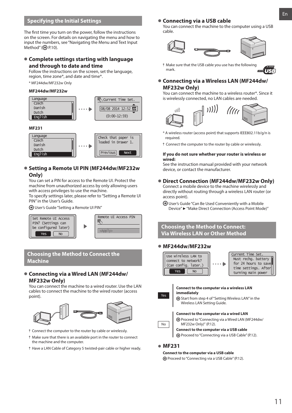 Via wireless lan or other method, Specifying the initial settings, Choosing the method to connect the machine | Connecting via a usb cable, Mf231 | Canon i-SENSYS MF244dw User Manual | Page 11 / 308