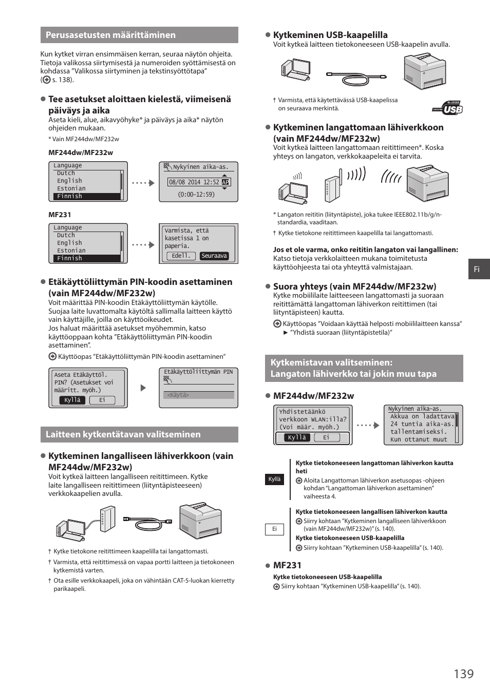 Langaton lähiverkko tai jokin muu tapa, Perusasetusten määrittäminen, Laitteen kytkentätavan valitseminen | Kytkeminen usb-kaapelilla, Mf231 | Canon i-SENSYS MF244dw User Manual | Page 139 / 308