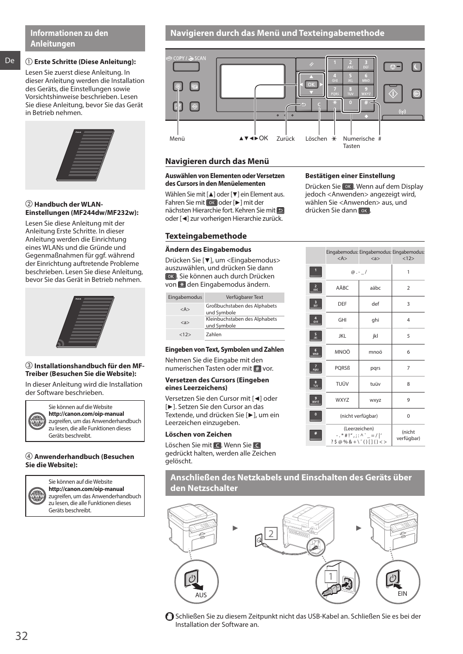 Des geräts über den netzschalter, Navigieren durch das menü, Texteingabemethode | Canon i-SENSYS MF244dw User Manual | Page 32 / 308