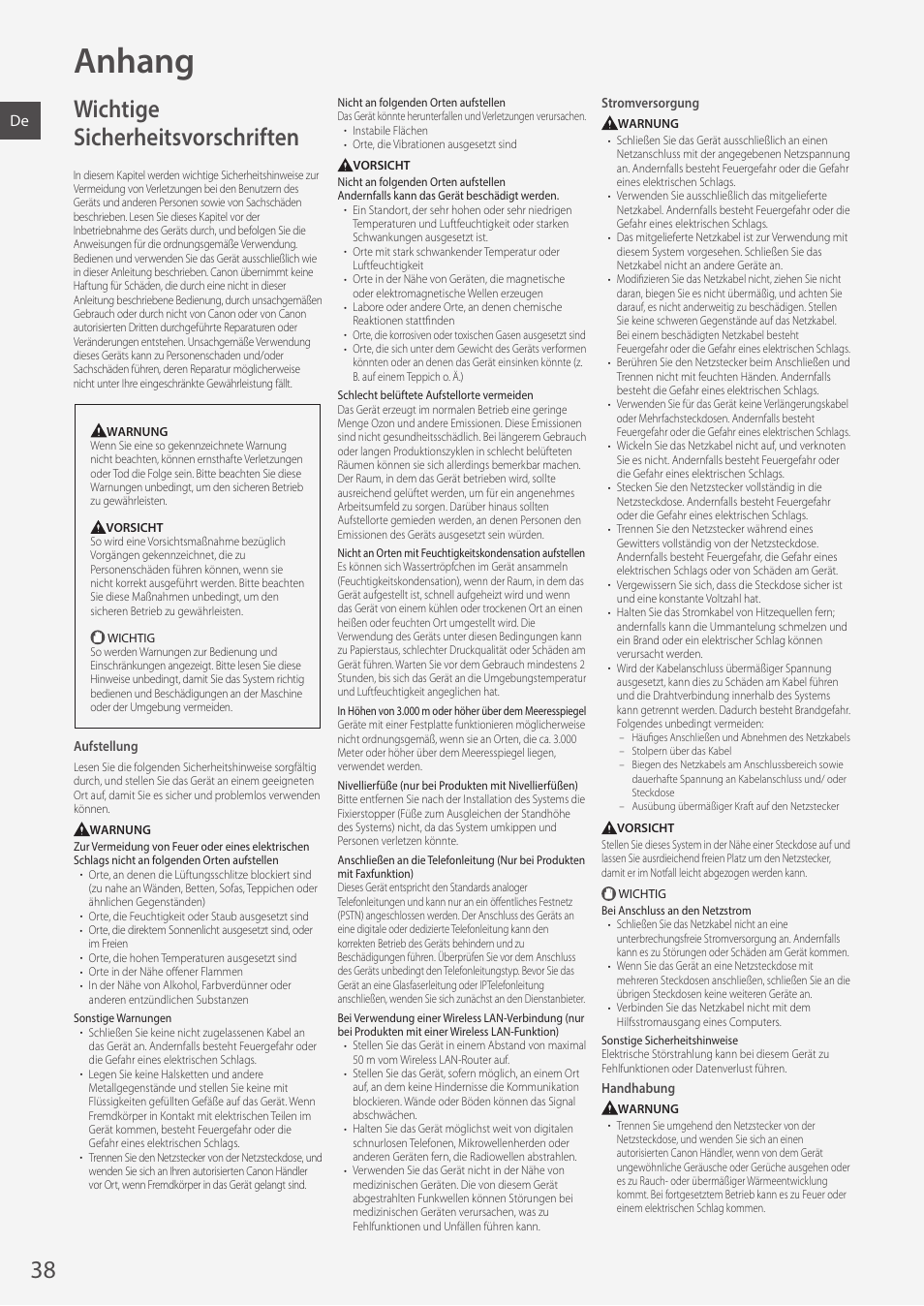 Anhang, Wichtige sicherheitsvorschriften | Canon i-SENSYS MF244dw User Manual | Page 38 / 308