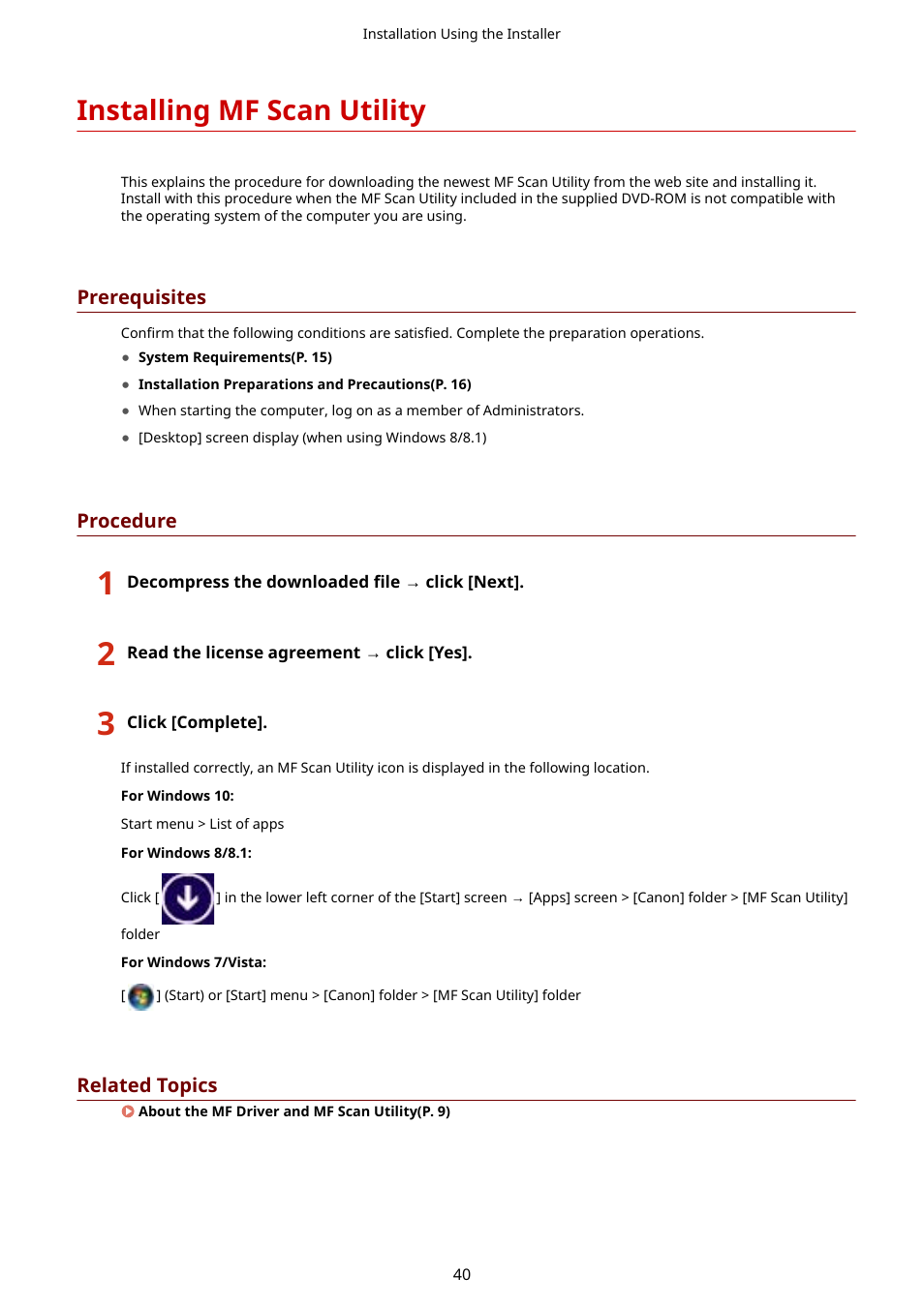 Installing mf scan utility, Installing mf scan utility(p. 40) | Canon i-SENSYS MF244dw User Manual | Page 42 / 60