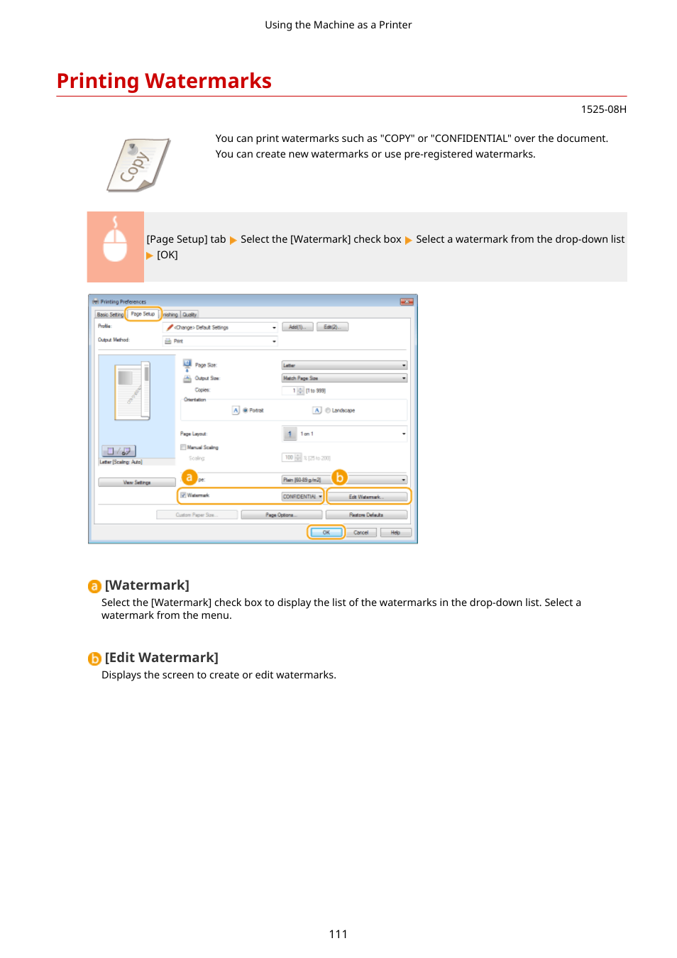 Printing watermarks, Printing watermarks(p. 111) | Canon i-SENSYS MF244dw User Manual | Page 117 / 477