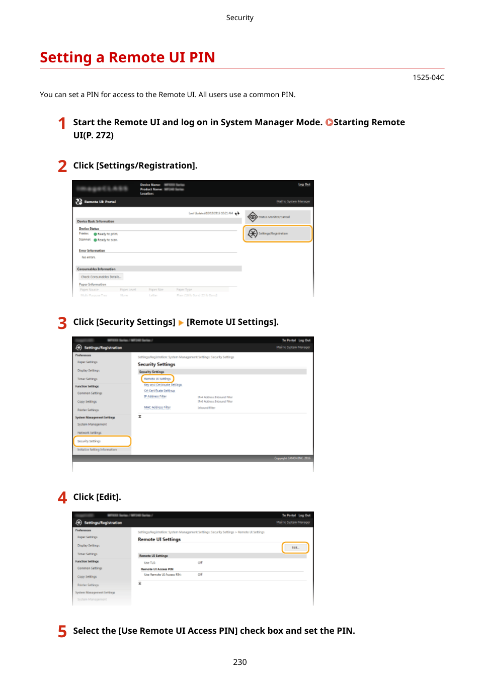 Setting a remote ui pin, Setting a remote ui pin (p. 230) | Canon i-SENSYS MF244dw User Manual | Page 236 / 477