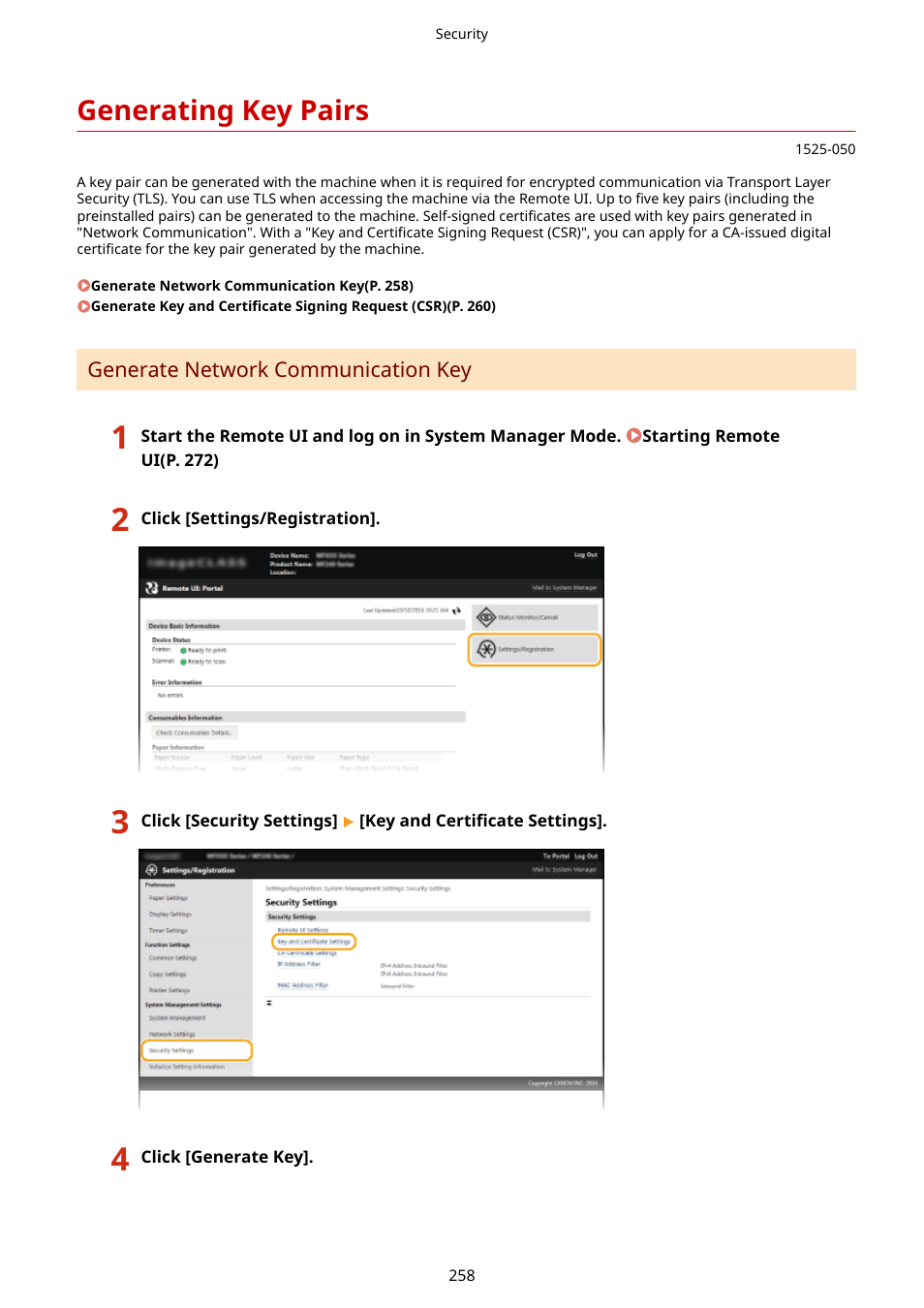 Generating key pairs, Generating key pairs(p. 258) | Canon i-SENSYS MF244dw User Manual | Page 264 / 477