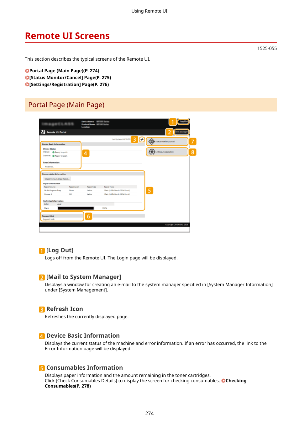 Remote ui screens, Remote ui screens(p. 274), Portal page (main page) | Canon i-SENSYS MF244dw User Manual | Page 280 / 477