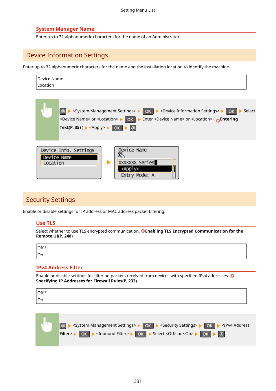 Ipv4 address filter (p. 331), Use tls(p. 331), Device information settings | Security settings | Canon i-SENSYS MF244dw User Manual | Page 337 / 477