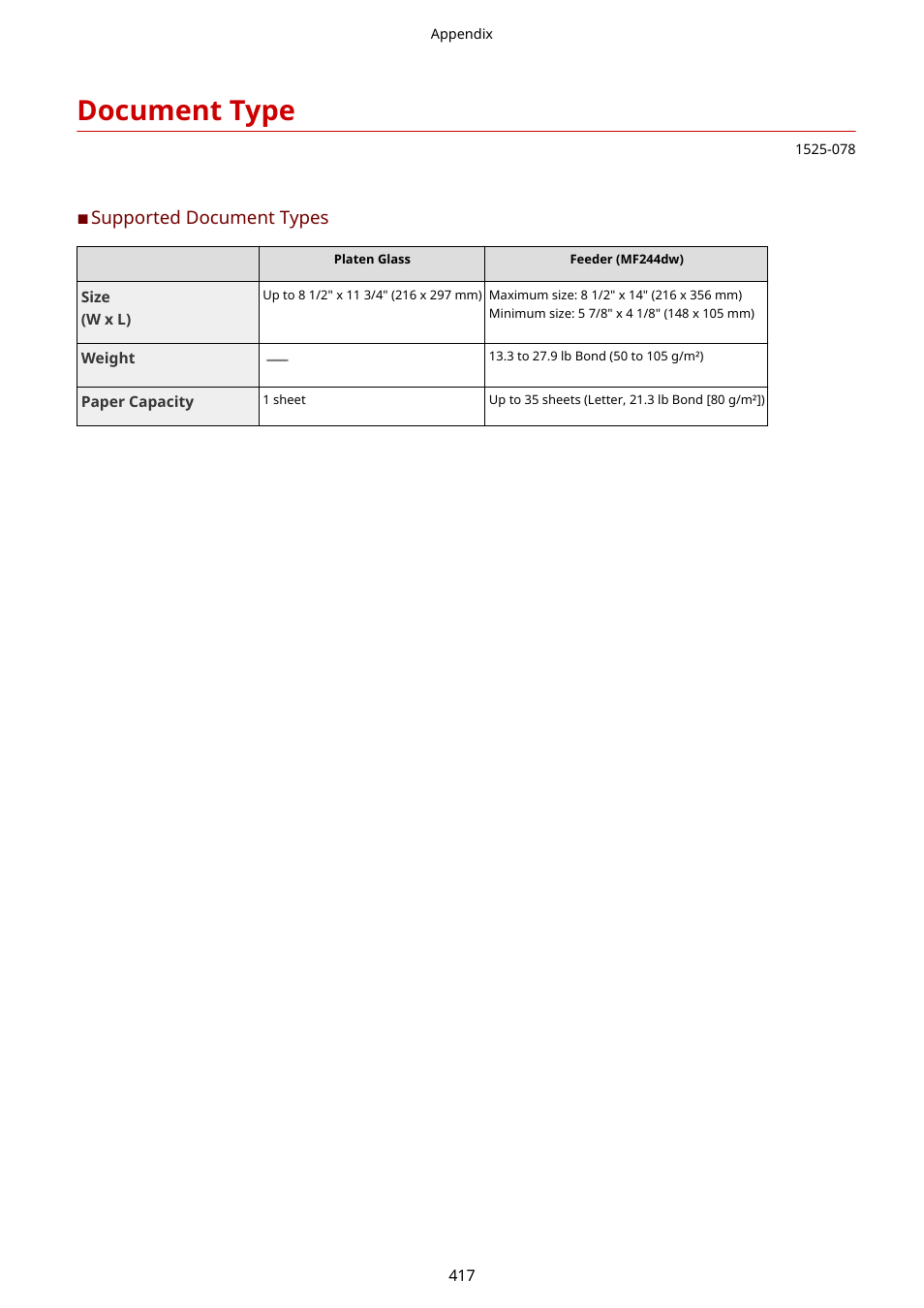 Document type, Ea of a document, see document type(p. 417), Document type(p. 417) | Supported document types(p. 417) | Canon i-SENSYS MF244dw User Manual | Page 423 / 477